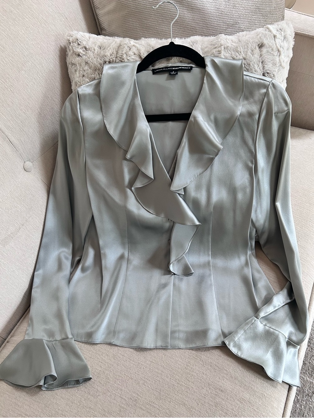 Ruffle-Front 100% Satin Button Down Blouse in Silver Gray